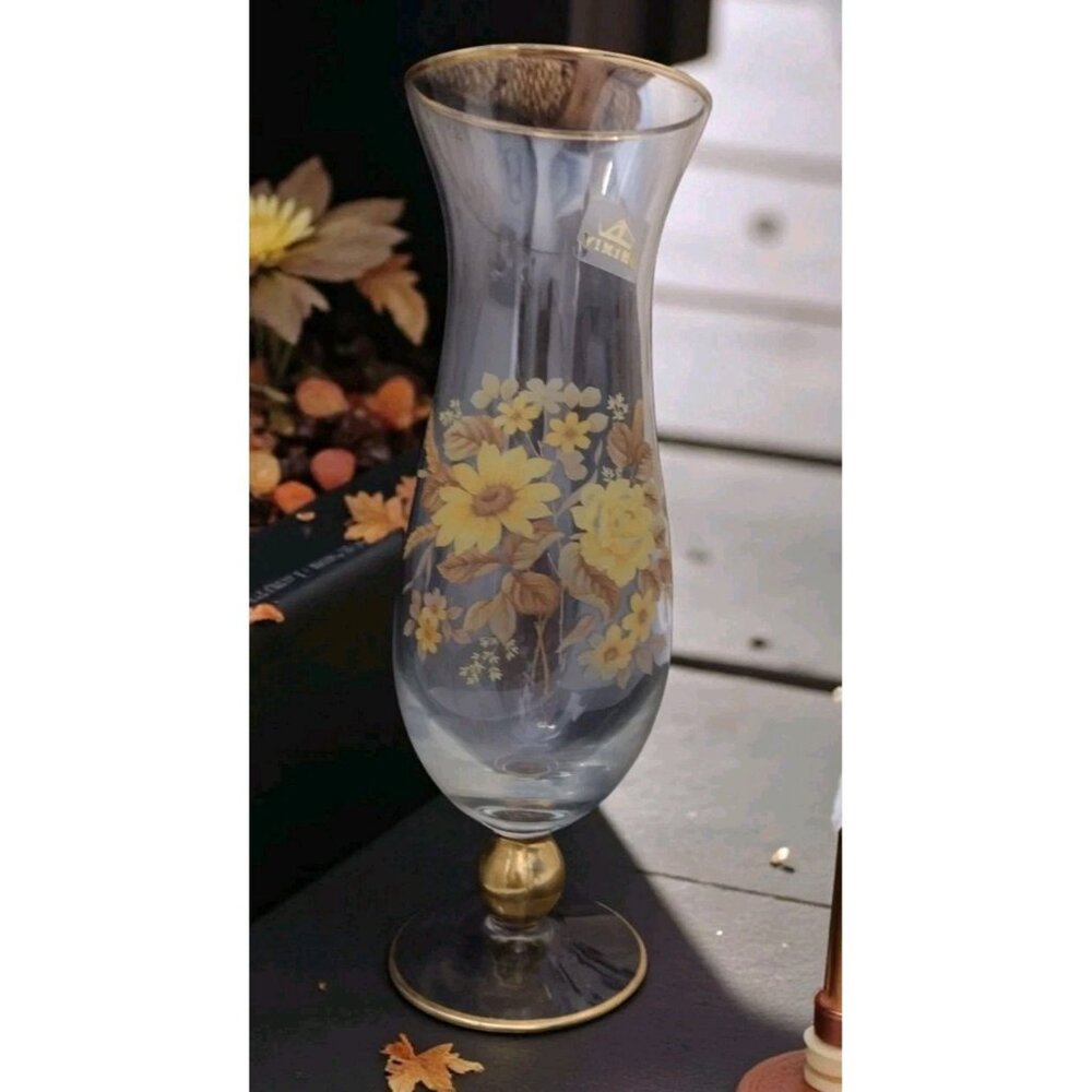 Vintage Viking Floral MCM Pedestal Footed Glass Vase 10" Fall Cottagecore